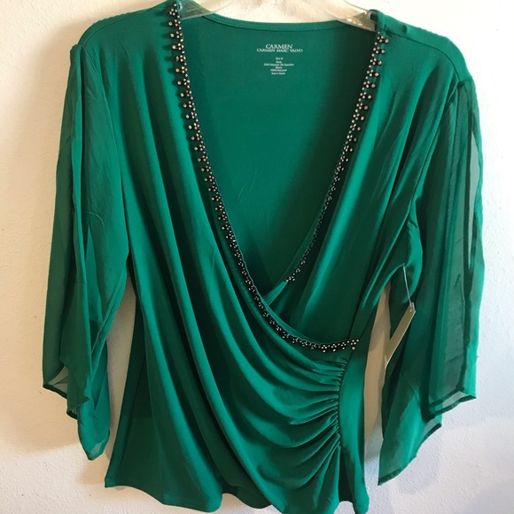 Carmen Marc Valvo Tops - CARMEN MARC VALVO GREEN AND BLACK BELL SLEEVE TOP
